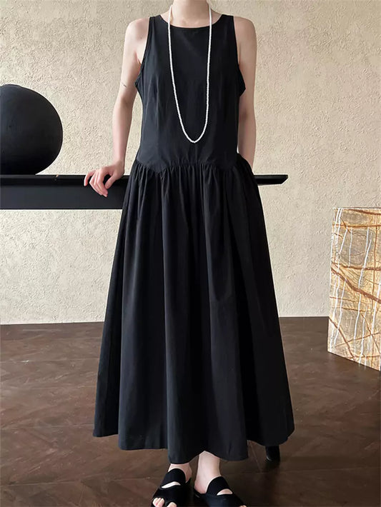 Black Minimalist Chic Pleated Tank A-line Maxi Dress