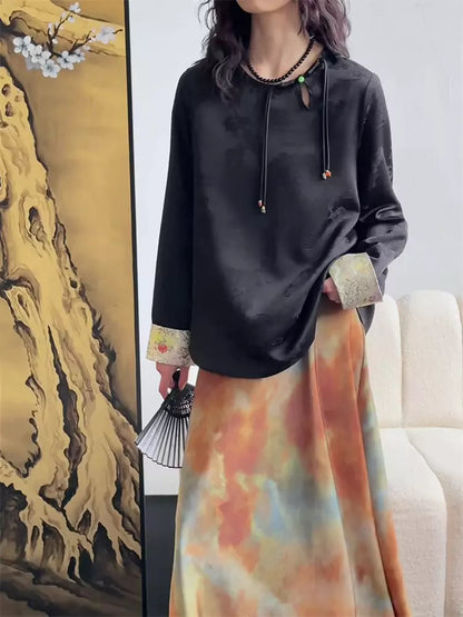 Vintage Inspired Apricot Satin Jacquard Blouse with Chinese Knot Buttons