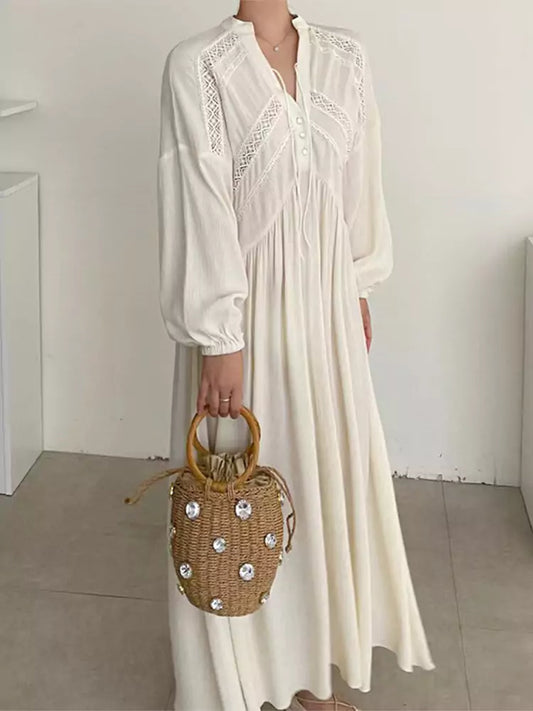 Chic French Elegant Apricot V-Neck Lace Trim Maxi Dress