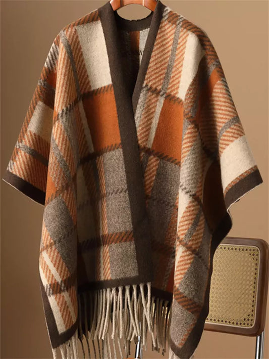 High-End Color Block Plaid Wool Shawl with Tassels