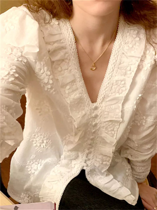 French Chic V-Neck Blouse with Heavy Floral Embroidery and Ruffled Lace Trim