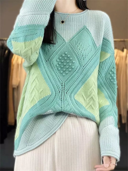 Luxury Green Color Block Cashmere Crewneck Pullover Sweater for Women