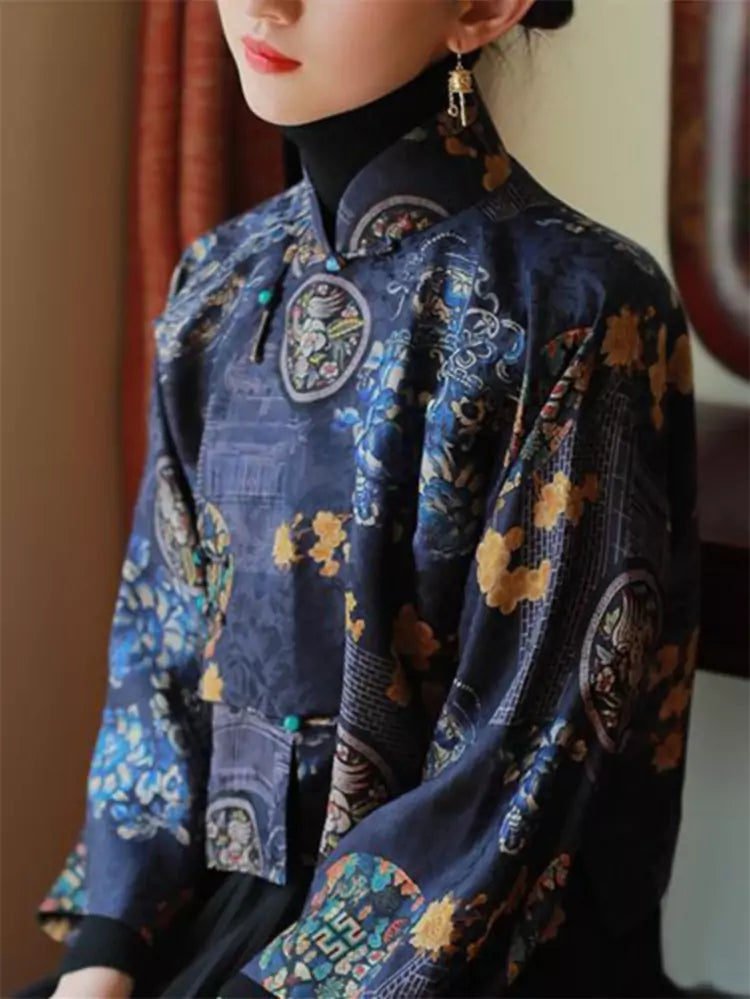 Vintage Chinese-Style Short Jacket with Flowing Sleeves