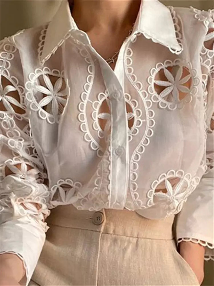 Elegant Lace Mesh Blouse with Ruffled Collar and Puff Sleeves