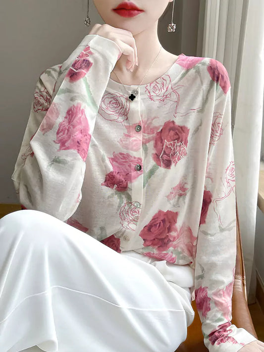 Lightweight Wool Knit Cardigan with Rose Floral Print