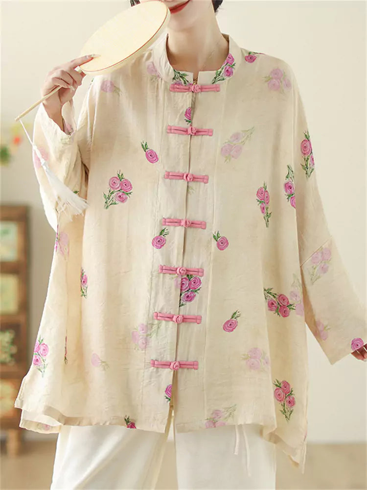 Oriental Style Loose Linen Blouse with Stand Collar and Frog Buttons