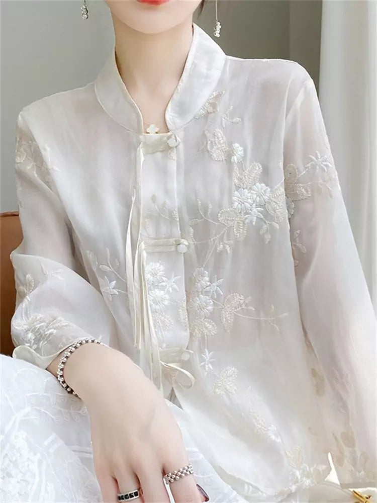 Chinese Style White Satin Overlay Mesh Blouse with Jacquard Design