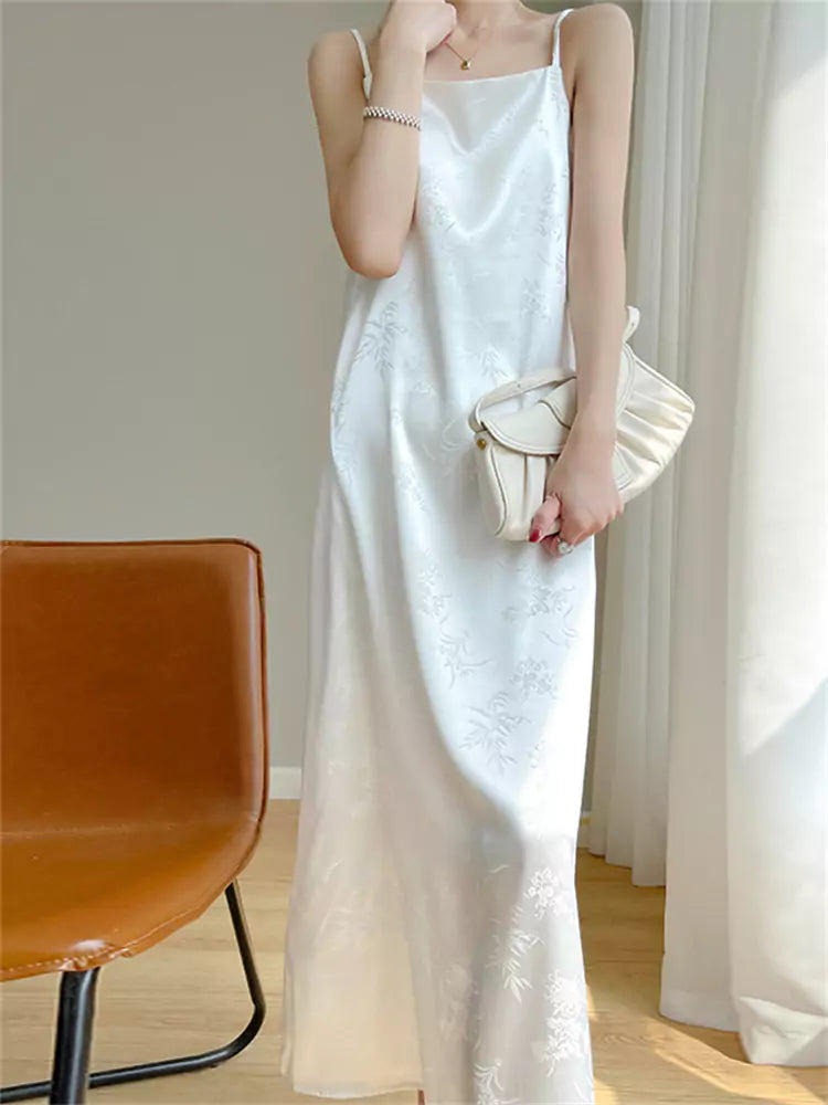 High-End White Satin Blend Jacquard Strap Maxi Dress with French Design
