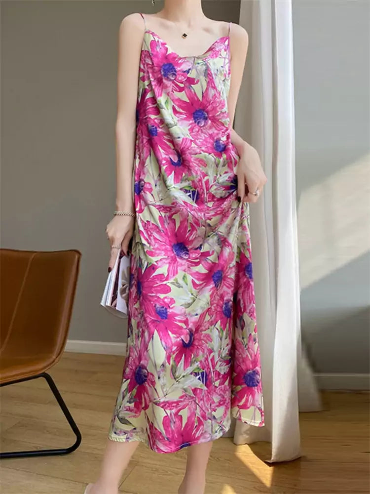 Elegant French-Inspired Silk Strap Midi Dress with Ink Wash Design