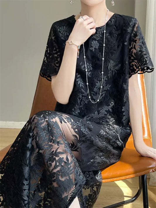 French Luxury Black Lace Two-Piece Set with Short Sleeve Crochet Tee and Skirt