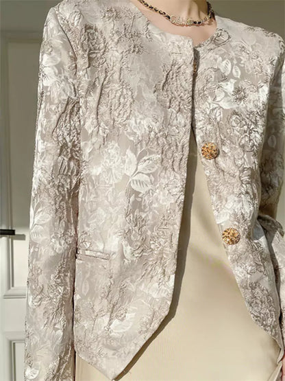 Elegante aprikosenfarbene Jacquard-Jacke mit Rundhalsausschnitt und orientalischem Design