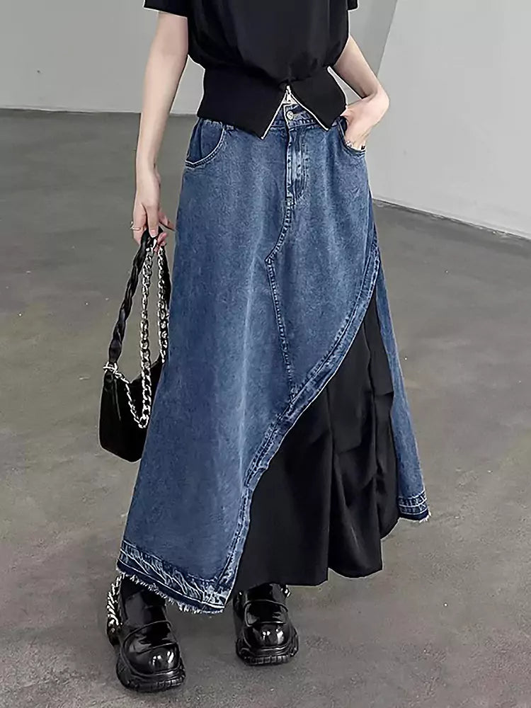 Chic Denim Patchwork Maxi Skirt with Retro Style