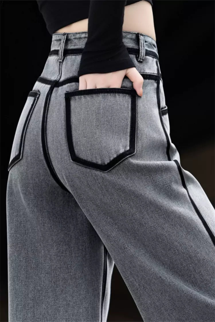 Modische Jeans mit geradem Bein und Seitenstreifen in Rauchgrau für Damen