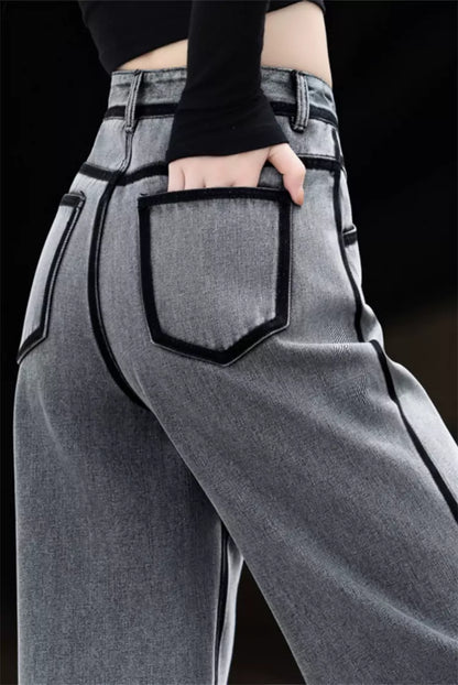 Fashionable Smoke Grey Side Stripe Straight Leg Jeans for Women