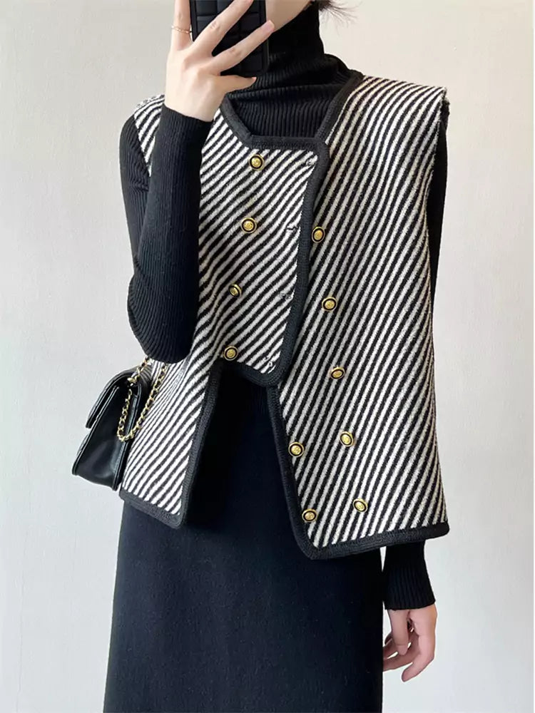 Spring Casual Chic Striped Knit Vest with Asymmetrical Hem