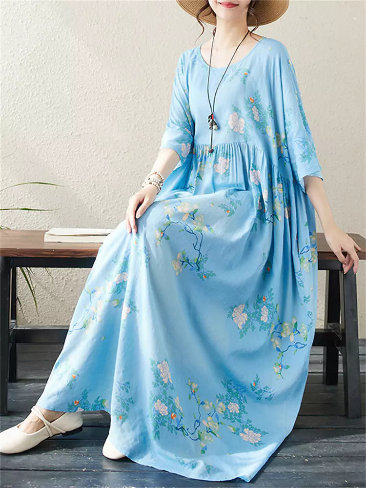 Bohemian Vacation Style Cotton Linen Maxi Dress Short Sleeve
