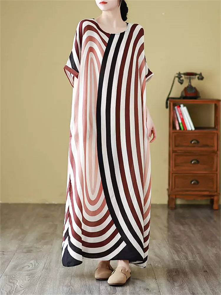 Bohemian Vacation Style Beach Dress Plus Size Short Sleeve