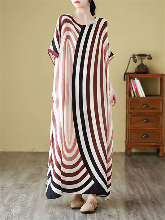 Bohemian Vacation Style Beach Dress Plus Size Short Sleeve