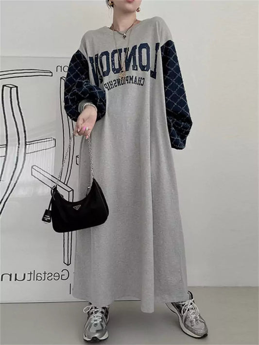 Women's Round Neck Letter Print Patchwork Plaid Lantern Sleeve Dress