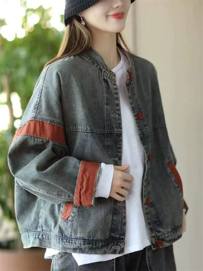 Retro-Patchwork-Jeansjacke aus gewaschenem Denim