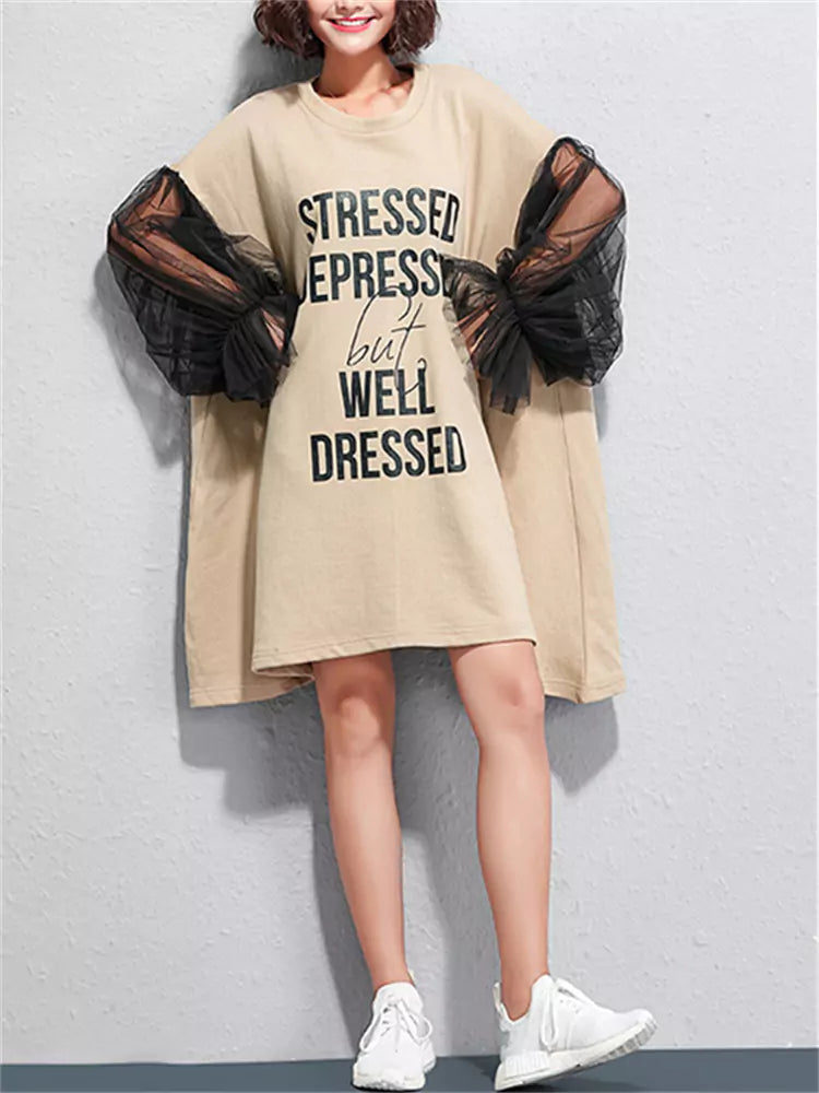 Oversized Letter Print Mesh Lantern Sleeve Midi Dress