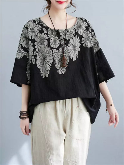 Linen Blend Ethnic Style Floral Print Batwing Sleeve Crew Neck T-Shirt