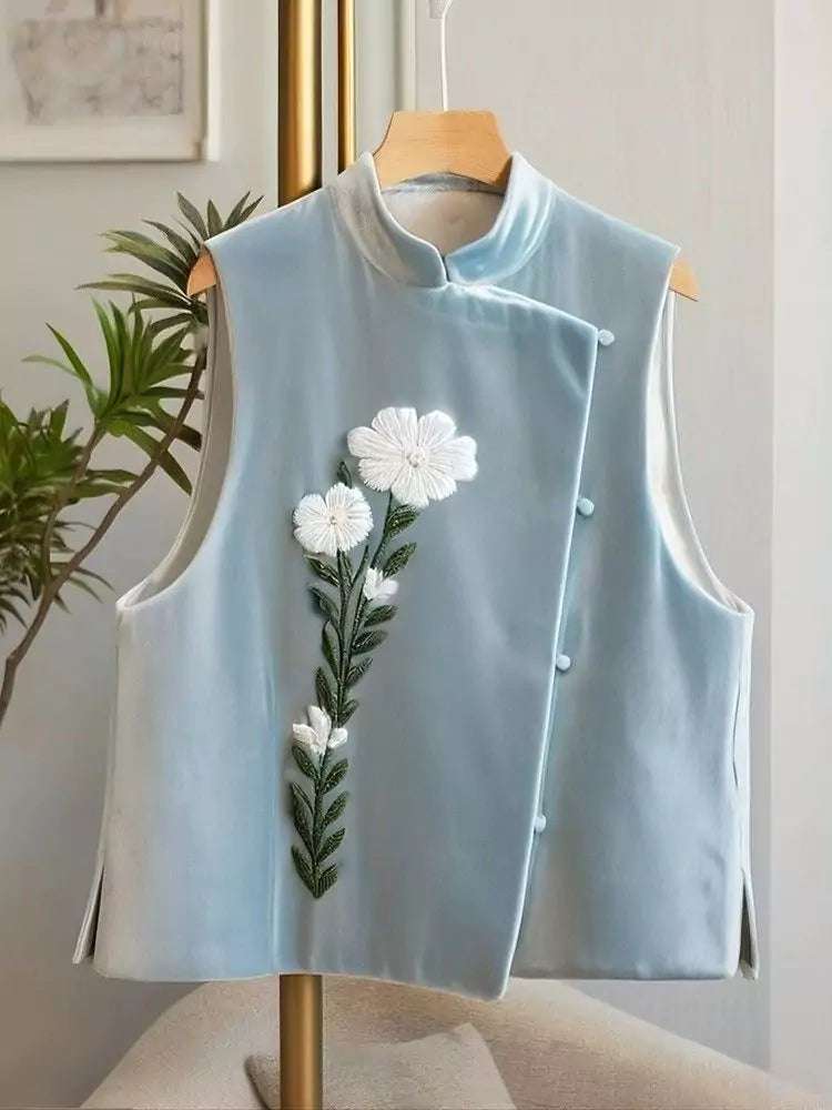 Elegant Blue Velvet Vest Top for Women – New Chinese Style with Exquisite Embroidery for Fall & Winter