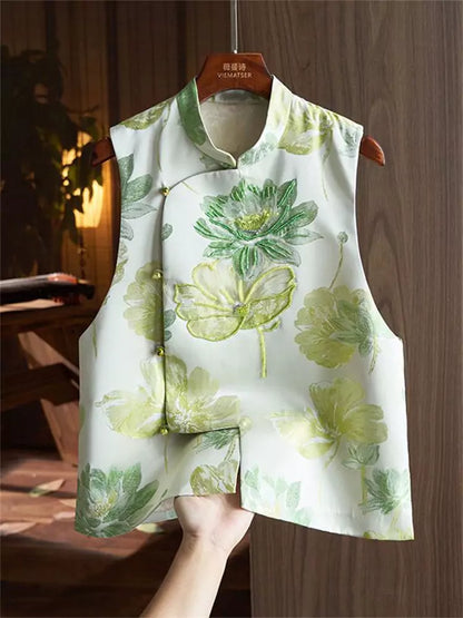Elegante Jacquard-Weste mit Blumenmuster für Damen – Neues modisches Oberteil im chinesischen Stil für Frühling 2025