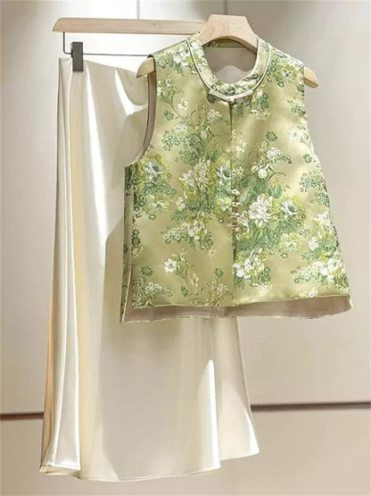 Luxury Jacquard Vest for Women – Vintage Chinese Style Waistcoat with Frog Buttons for Spring & Autumn