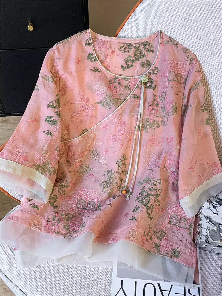 Blusa ligera de algodón y lino bordada con paisaje artístico y patchwork de organza en estilo chino moderno.