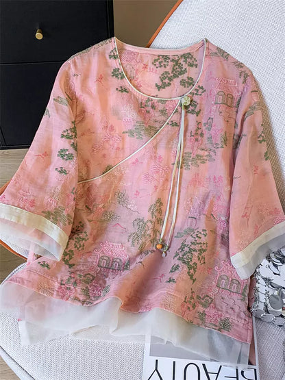 Artistic Landscape Embroidered Lightweight Cotton-Linen Top with Organza Patchwork in Modern Chinese Style