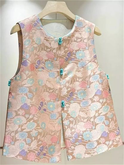 Rosa Brokatweste für Damen – Ärmellose Jacke im neuen chinesischen Stil