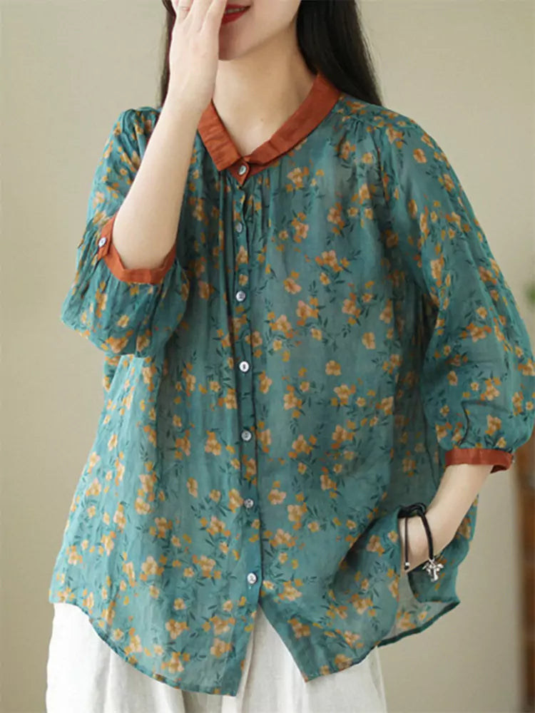 Floral Cotton-Linen Loose-Fit 3/4 Sleeve Shirt for Women