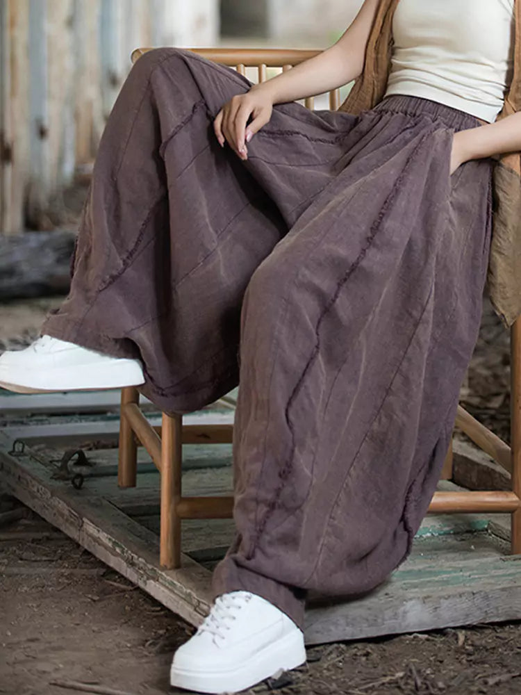 Vintage High-Waisted Wide-Leg Lantern Pants – Washed Ramie Loose Fit with Raw Hem and Flowing Silhouette