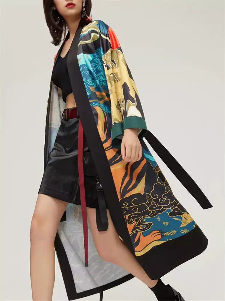Cárdigan estilo kimono vintage de estilo chino: chaqueta holgada de largo medio con abertura frontal y estampado de tigre de la ópera de Pekín.