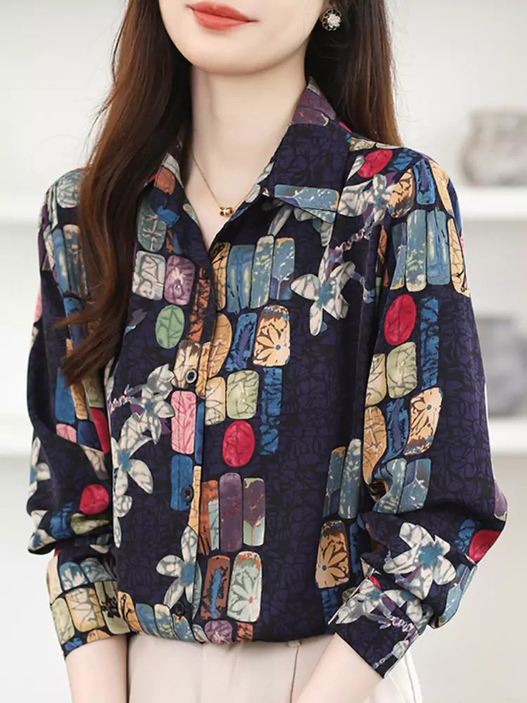 Fashion Printed Loose Fit Chiffon Blouse for Women  with Slimming Casual Style