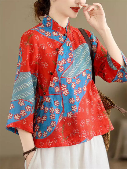 Vintage-Teebluse im chinesischen Stil mit Ramie-Print, Stehkragen und asymmetrischem Verschluss