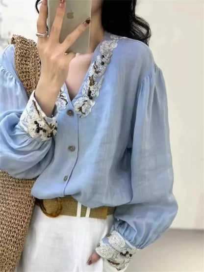 Vintage-Damenbluse im französischen Stil mit Stickerei, langärmlig, blau