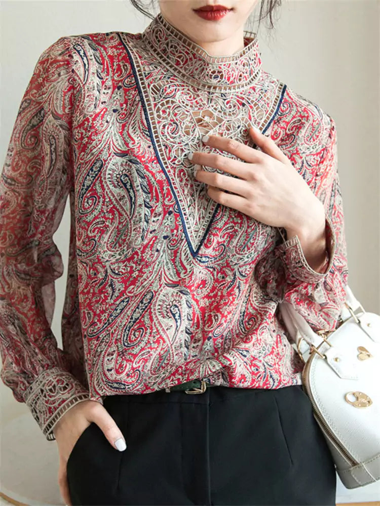 Trendy Print Chiffon Blouse for Women – Lantern Sleeve Top with Delicate Embroidery