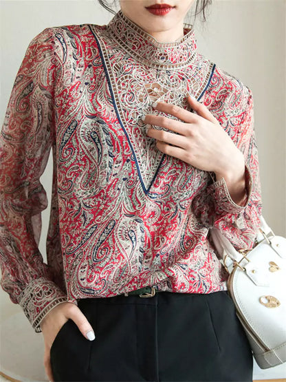 Trendige Chiffonbluse mit Print für Damen – Oberteil mit Laternenärmeln und zarter Stickerei