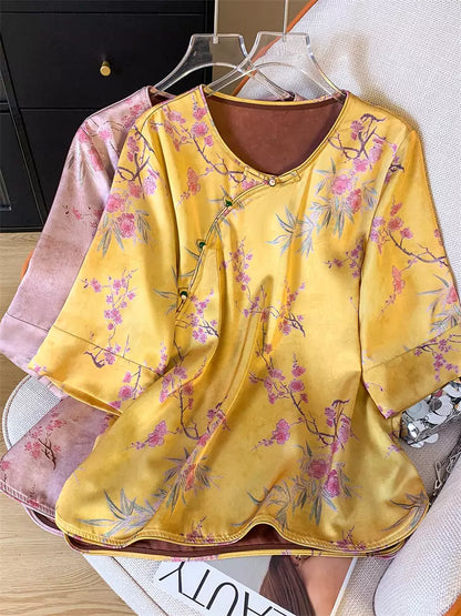 Asymmetrische Pulloverbluse im chinesischen Stil aus Satin-Jacquard mit Froschknöpfen für Damen