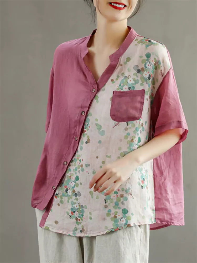 Plus Size Loose-Fit Printed Cotton-Linen Blouse for Women with Asymmetrical Closure