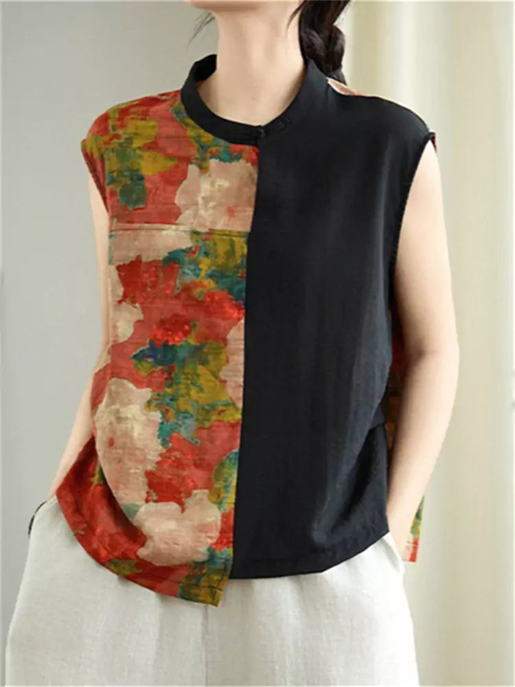 Vintage Patchwork Linen Tank Top for Women with Artistic Floral Print and Breathable Design