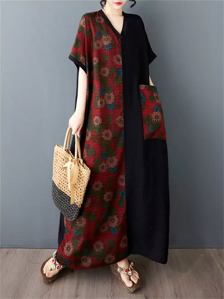 Vestido largo de algodón y lino con cuello en V, manga corta, diseño de patchwork floral y bloques de color, talla grande