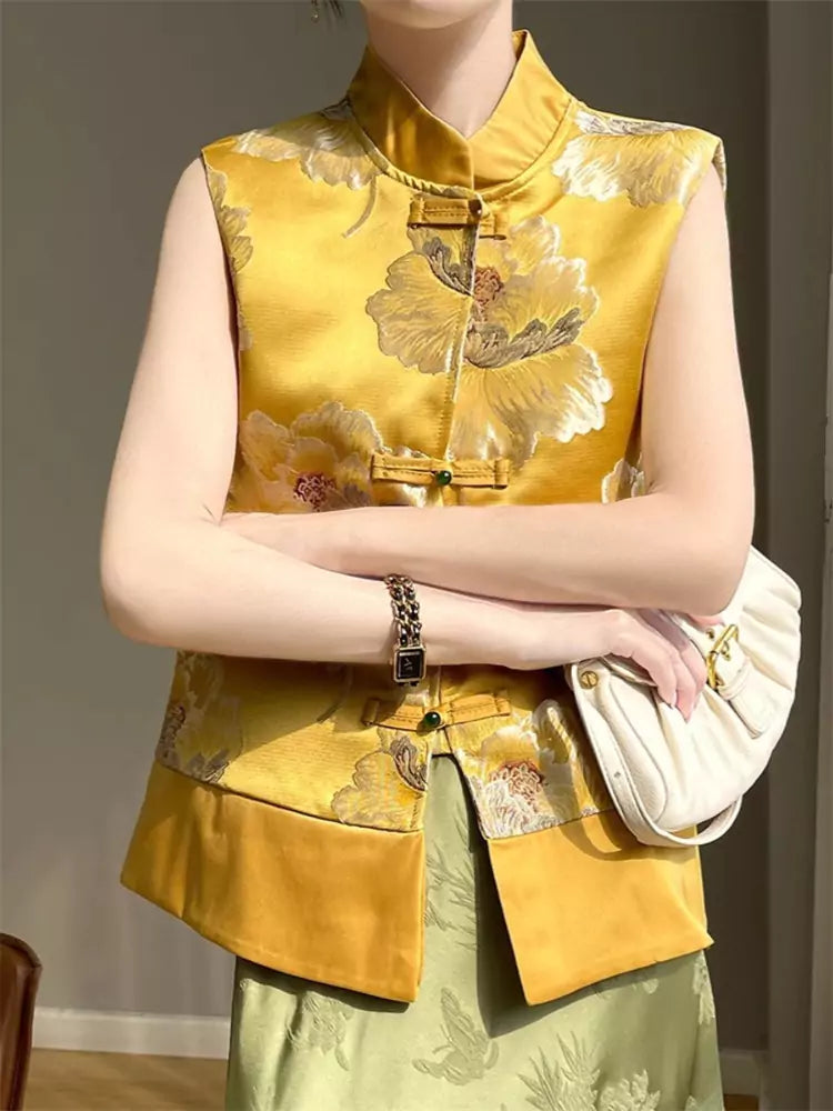 New Chinese Style Satin Embroidered Jacquard Vest with Stand Collar and Frog Buttons