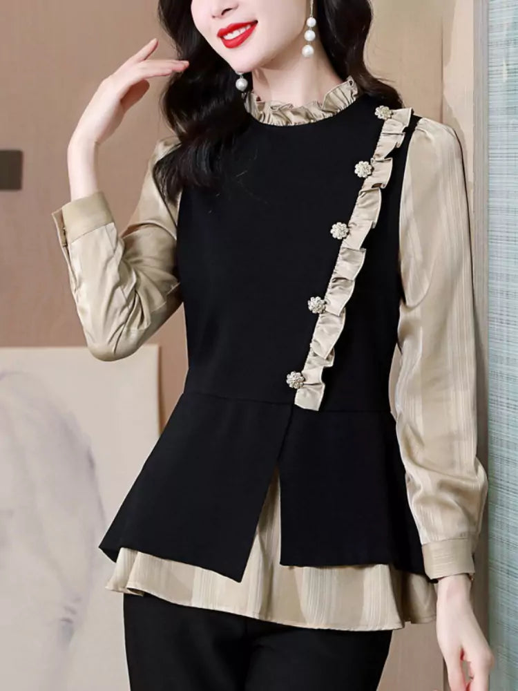 Camisa de dos piezas con cuello alto y volantes estilo francés para mujer.