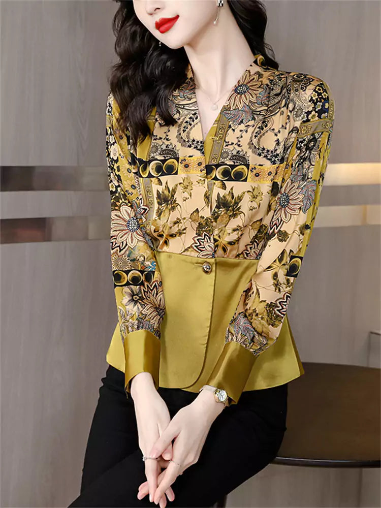 Elegante blusa de satén floral de manga larga con cintura ceñida para mujer con cuello blazer