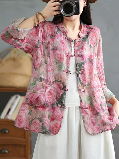 Leichte Ramie-Bluse im chinesischen Stil mit Blumenmuster, Stehkragen und Froschknöpfen