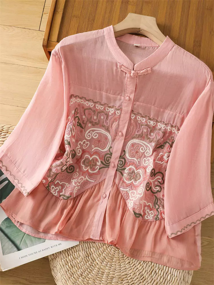 Leichtes, besticktes Ramie-Sommerhemd im chinesischen Stil für Damen
