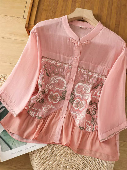 Leichtes, besticktes Ramie-Sommerhemd im chinesischen Stil für Damen